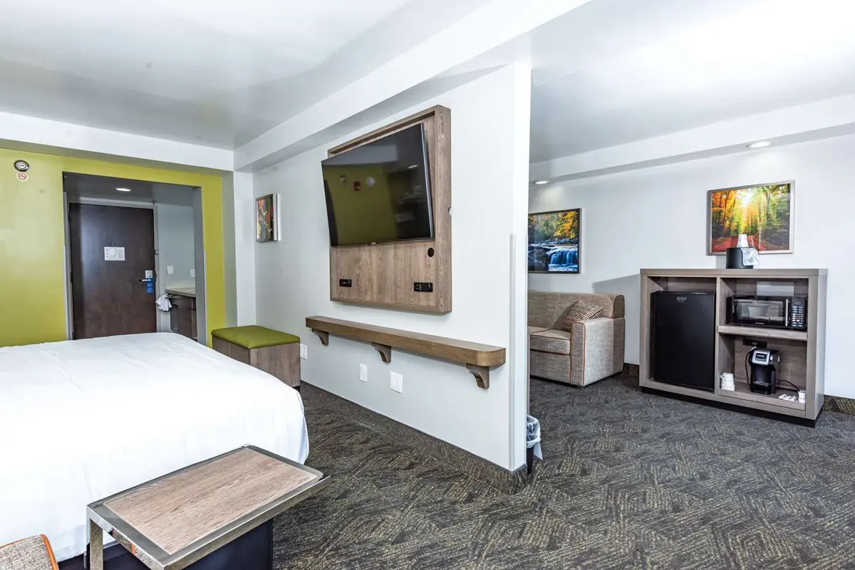 Living area with TV and mini kitchen in the Family Bunk Bed Suite.