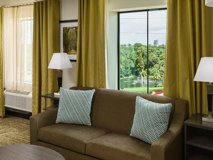 Living room with sofa and window view of trees.