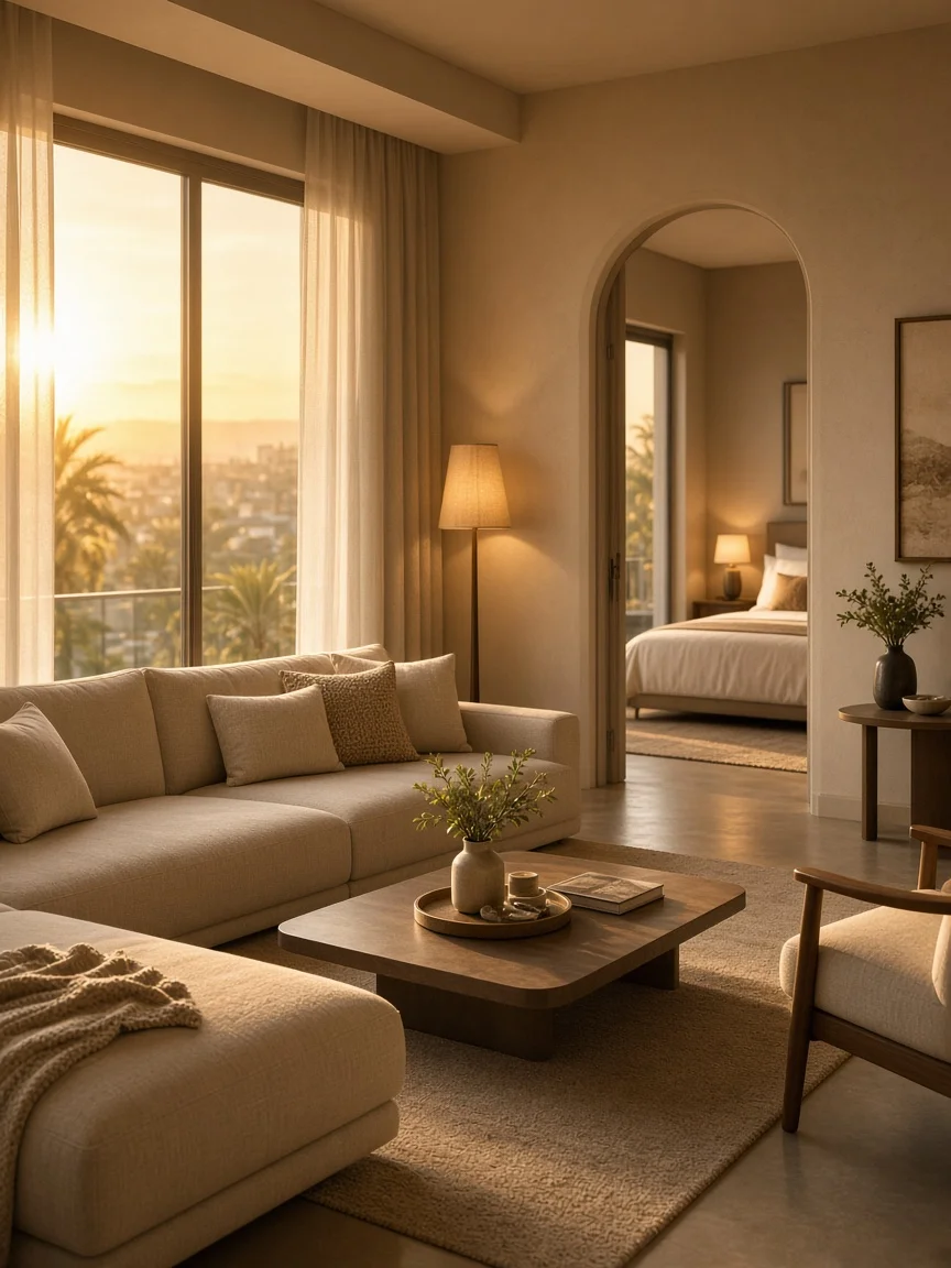 Warm atmospheric render of a spacious family suite living area at sunset — mood only
